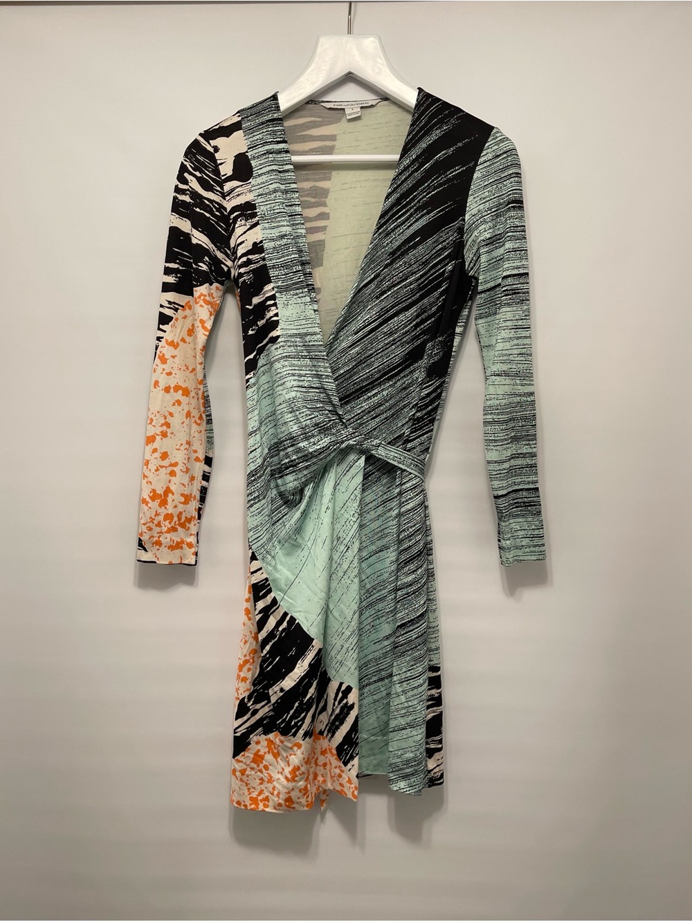 Diane Von Furstenberg Mint, Black & Orange Patterned Wrap Dress